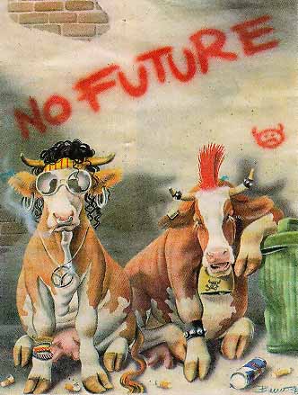 Karikatur aus einer englischen Zeitung, zwei Punk-Kühe in einem Hinterhof